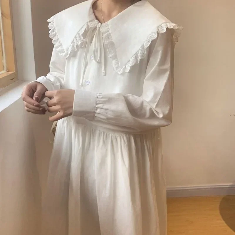 

Y2k White Dress Women Spring Long Sleev Fairy Peter Pan Collar Lace Elegant Solid Lovely maxi length Retro Chic Vintage Dress