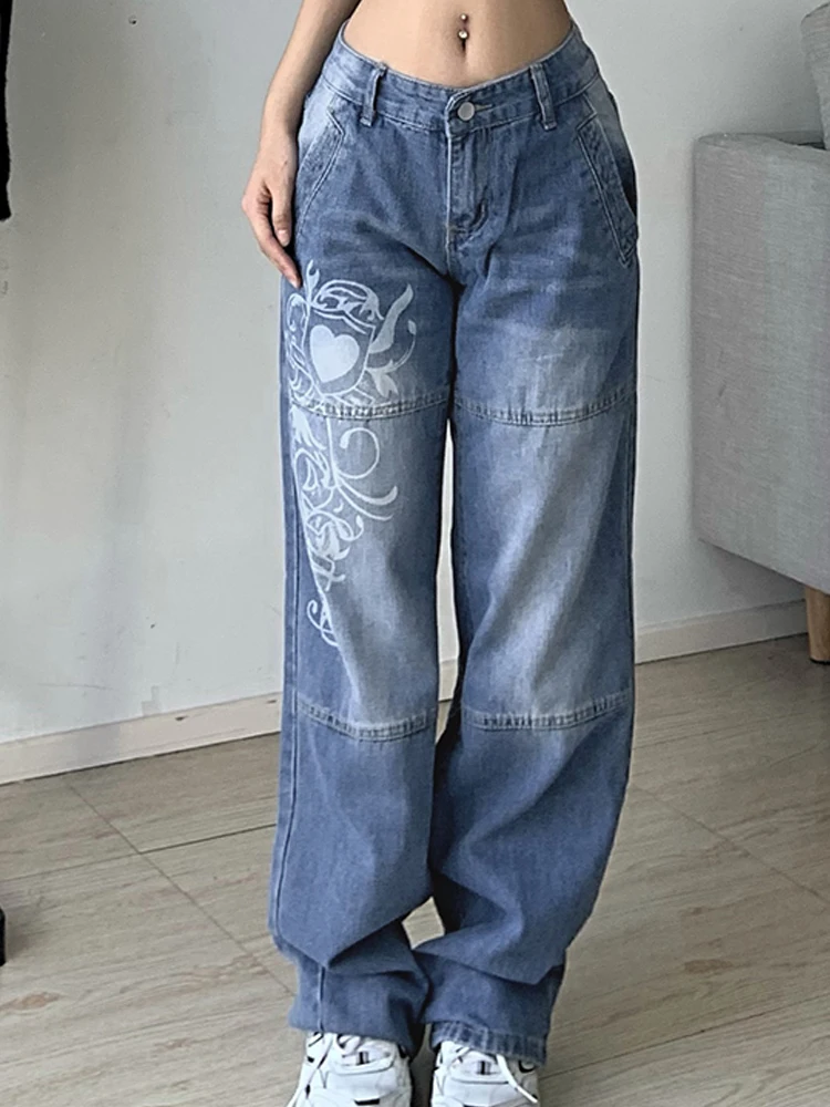 Harajuku printed Cargo Jeans Y2K Dark Blue brown High Waist