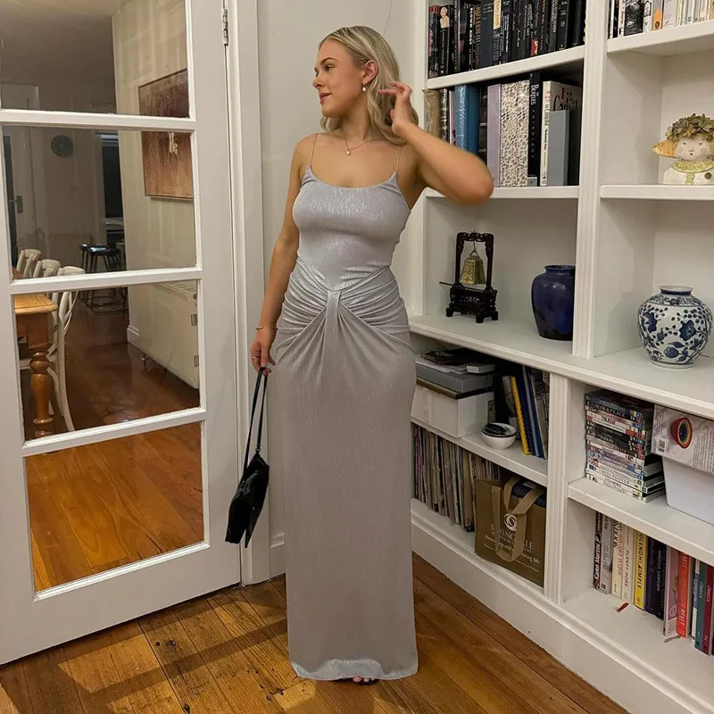 Spaghetti Strap Sexy Backless Maxi Dress Outfits Women Elegant Birthday Vestido 2025 New Club Party Ruched Dresses Female