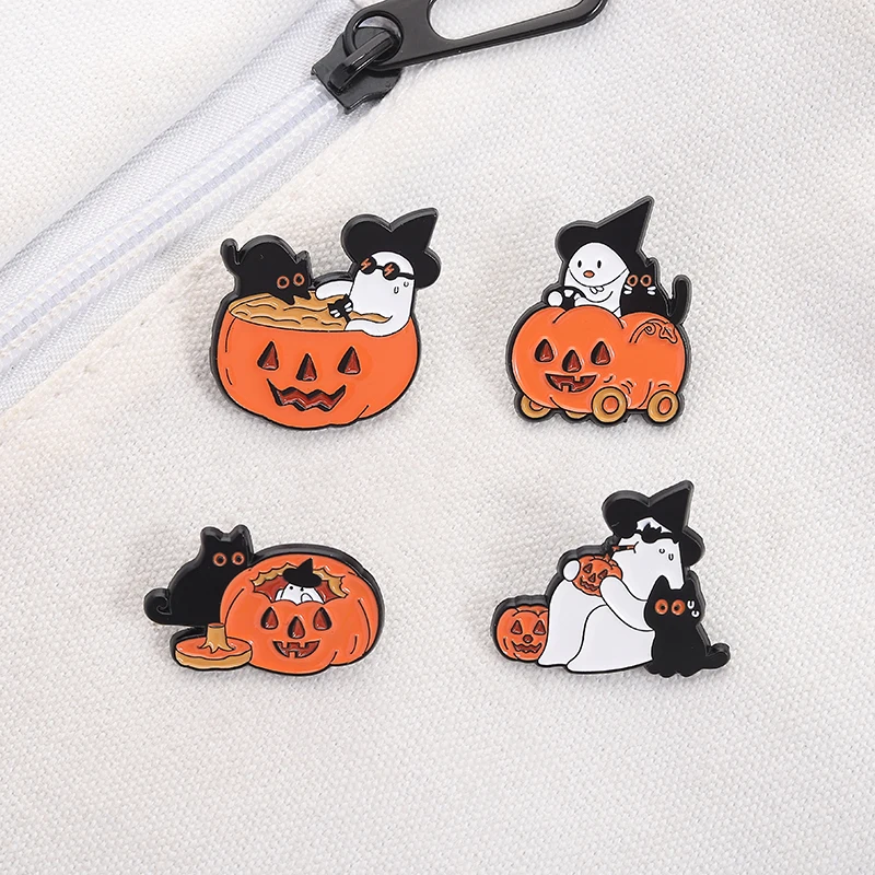 Halloween Dunkler Stil Emaille Pin Geist Schwarze Katze Kürbis Metall Brosche Revers Rucksack Abzeichen Schmuck Zubehör Feines Geschenk für Freund – Detail 4