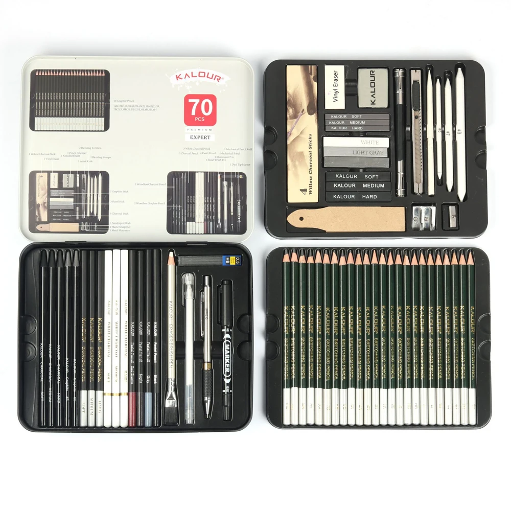 Set 6 Crayons Charbon De Saule Kalour - Nuits Léger, Moyen, Foncé - Pour Dessin, Esquisse Et Ombrage Artistique
