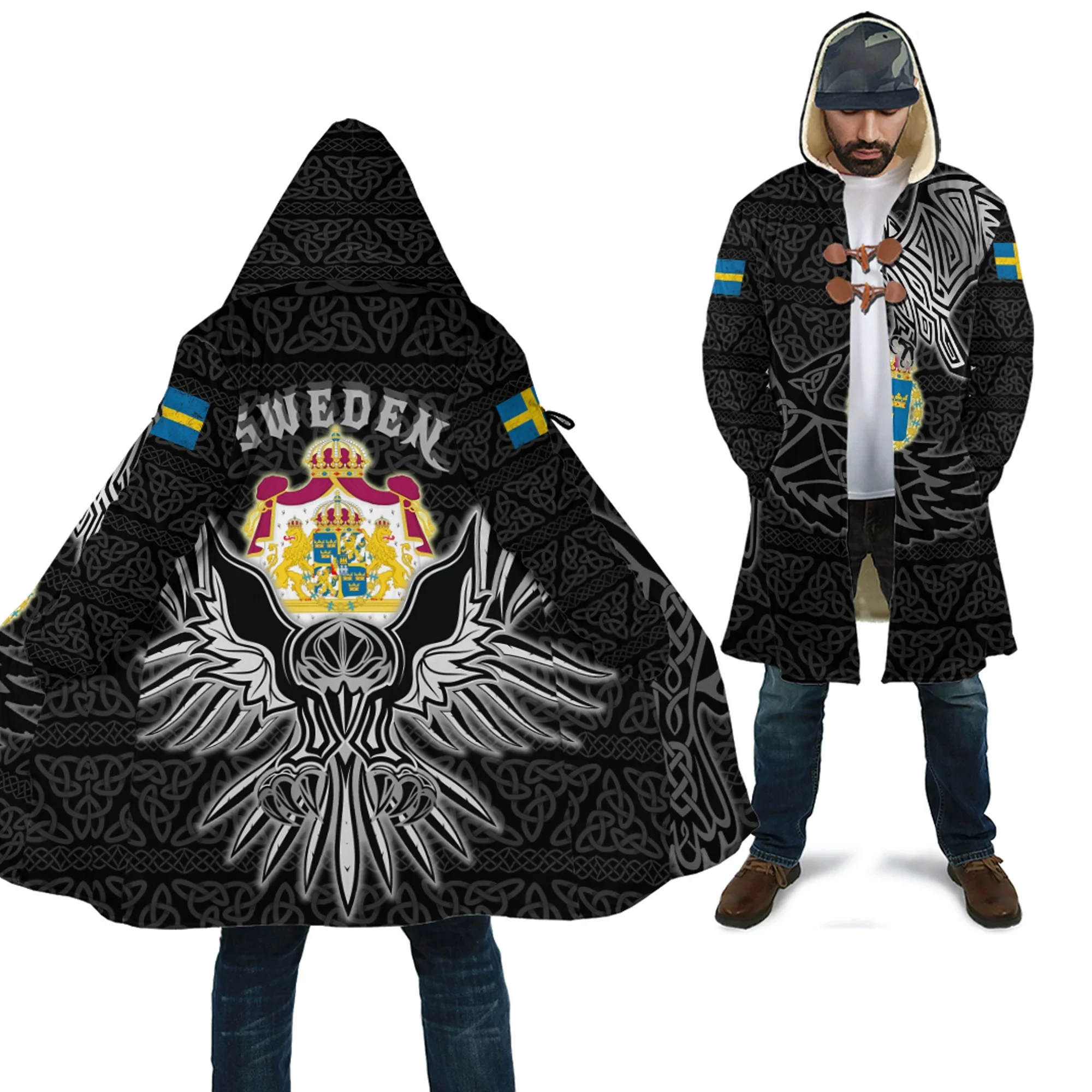 Raven Odin Country Tattoo 3D All Over Printed Men's Fleece Hooded Cloak Winter Unisex Casual Thick Warm Cloak Coats PF114