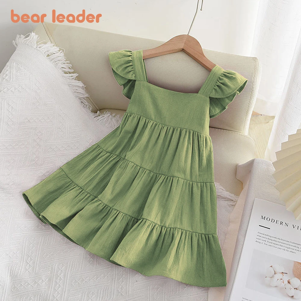 Bear Leader Girls\' Dress 2023 Summer New Casual Girls\' Sleeveless Ruffle Dress Princess Dress Cute Solid Color Fashion Dress