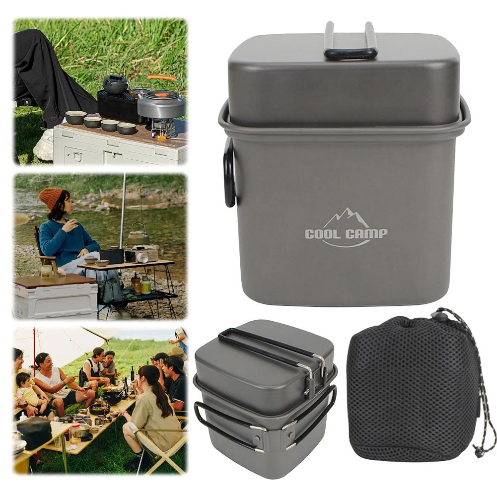2 In 1 Outdoor Camping Square Pot Aluminum Alloy Folding Frying Pan Cooking Pot Camping Cookware Set for Fishing Hiking Riding
