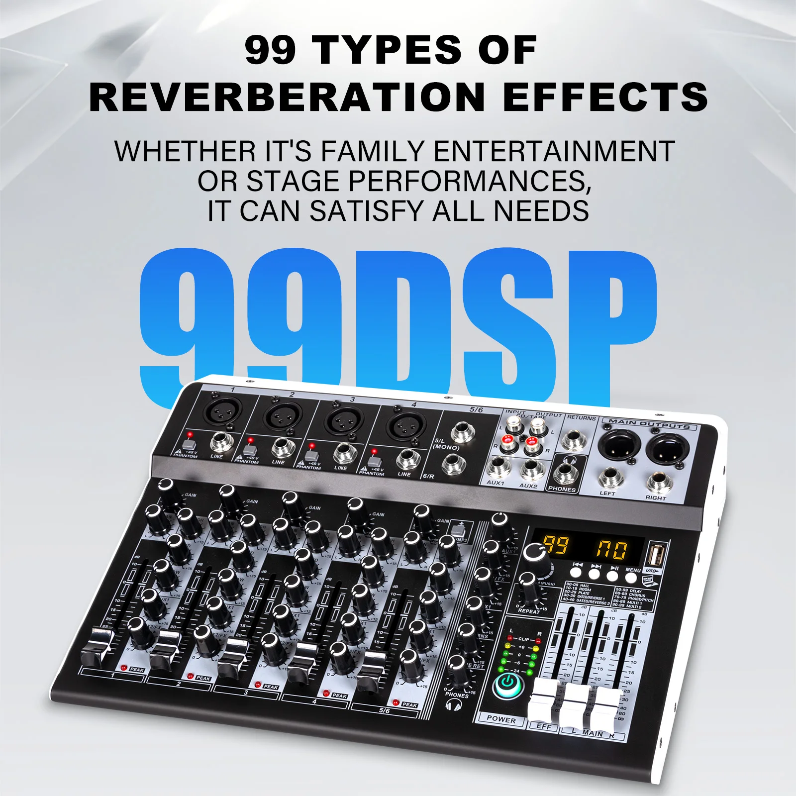 Audio Interfacer DJ Mixer Sound Board 99-Bit DSP Effect USB Audio Mixer Effects +48V Phantom Bluetooth for Karaoke 4/6 Channel