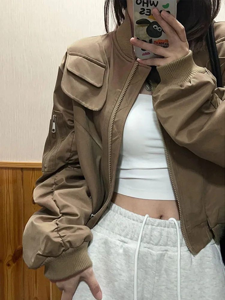 HOUZHOU Vintage Bomber Jackets Women American Style Cropped Motorcycle Jackets Korean Streetwear Casual 90s Retro Zipper Jackets