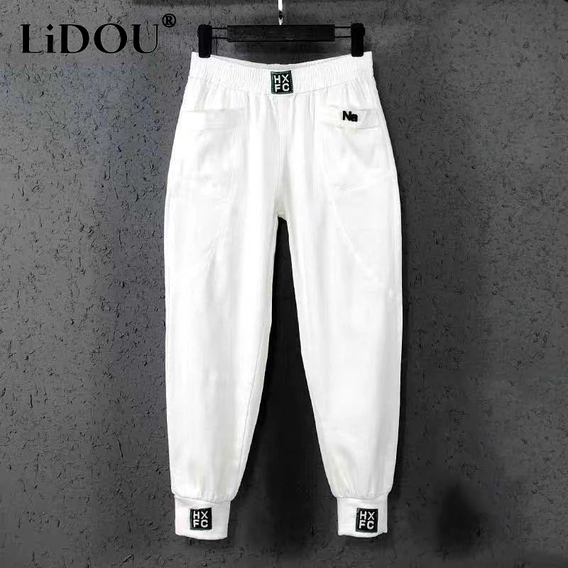 

2023 Spring Autumn New Solid Color Elastic Waist Cowboy Pants Women Fashion Pocket Haren Trousers Personality Female Clothing