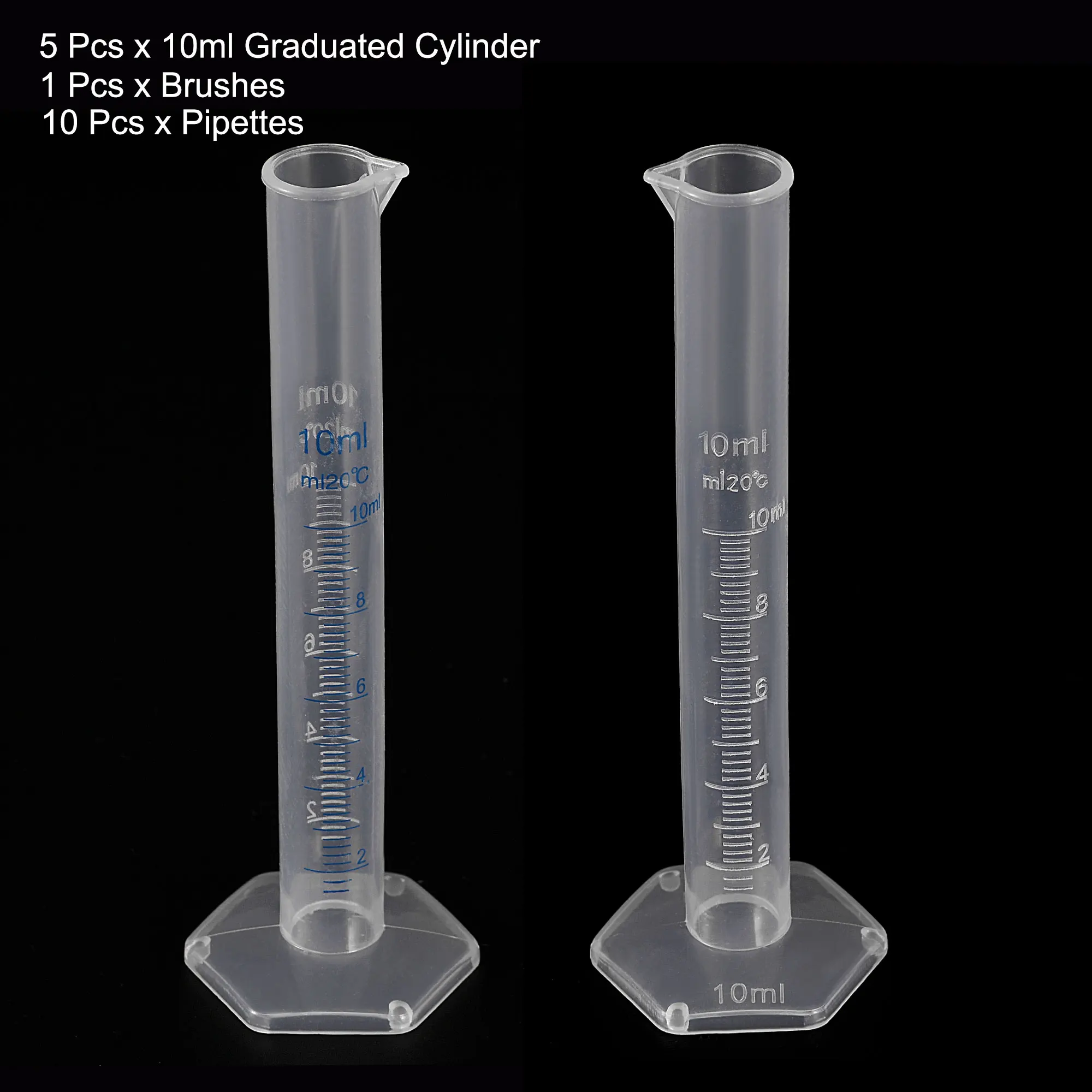 16in1 Plastic Graduated Cylinder Set 5Pcs 10ml Measuring Cylinder with 10Pcs Transfer Pipettes and 1Pcs Brush for Science Lab