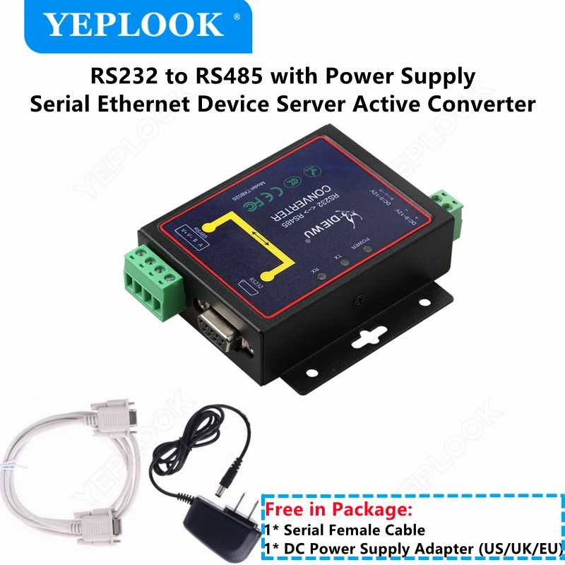 

Industrial Grade RS232 to RS485 Serial Network Ethernet Device Server Active Converter DB9 Female with Power Supply Cable