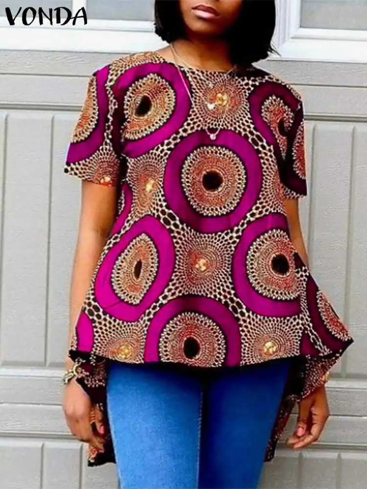 

Plus Size 5XL VONDA Elegant Blouse Women Short Sleeve Printed Bohemian Shirts Irregular Hem Casual Tunic Top Loose Blusas
