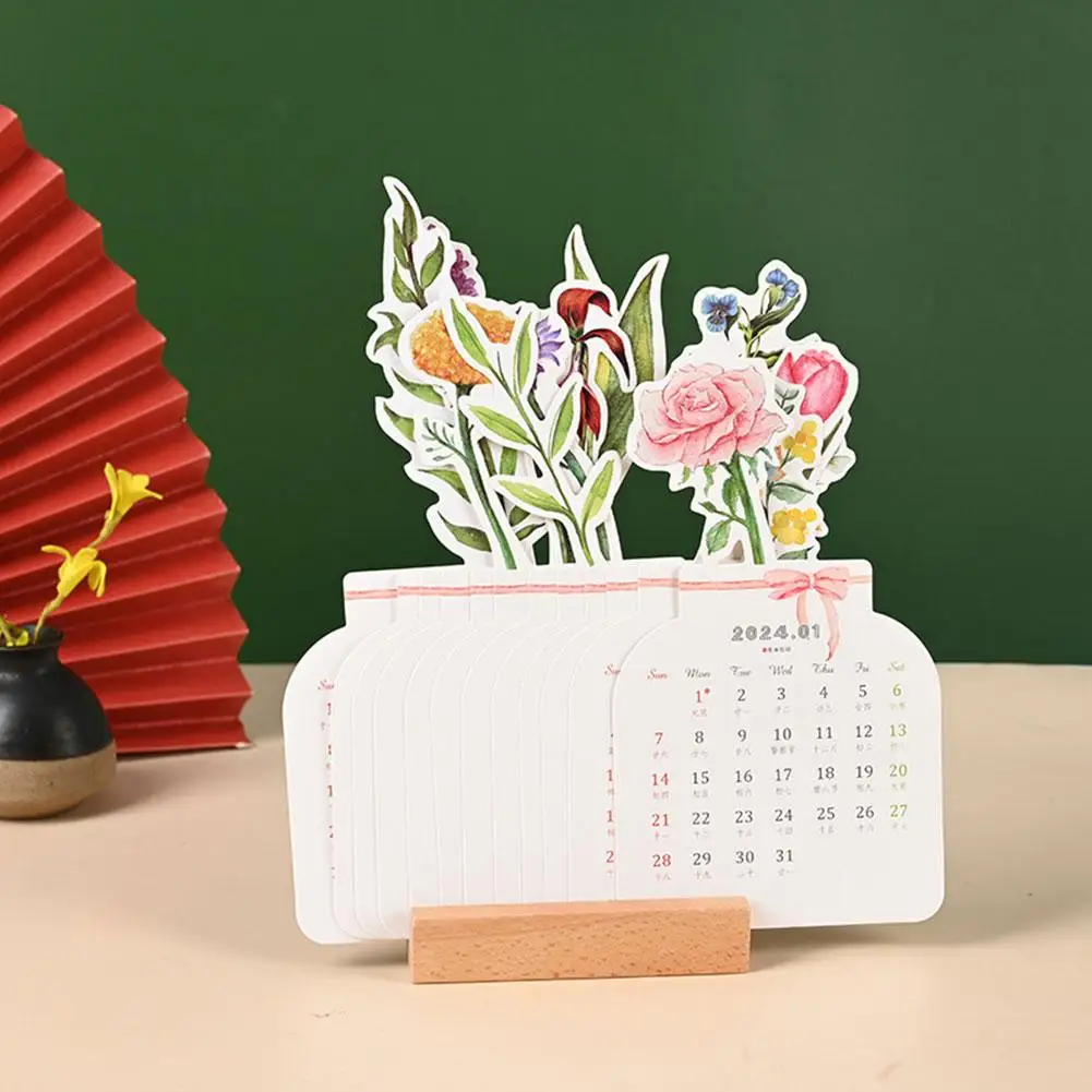 2024 꽃 책상 달력 나무 달력 카드 유형 꽃 청동 장식 재료 책상 달력 DIY 저널 문구