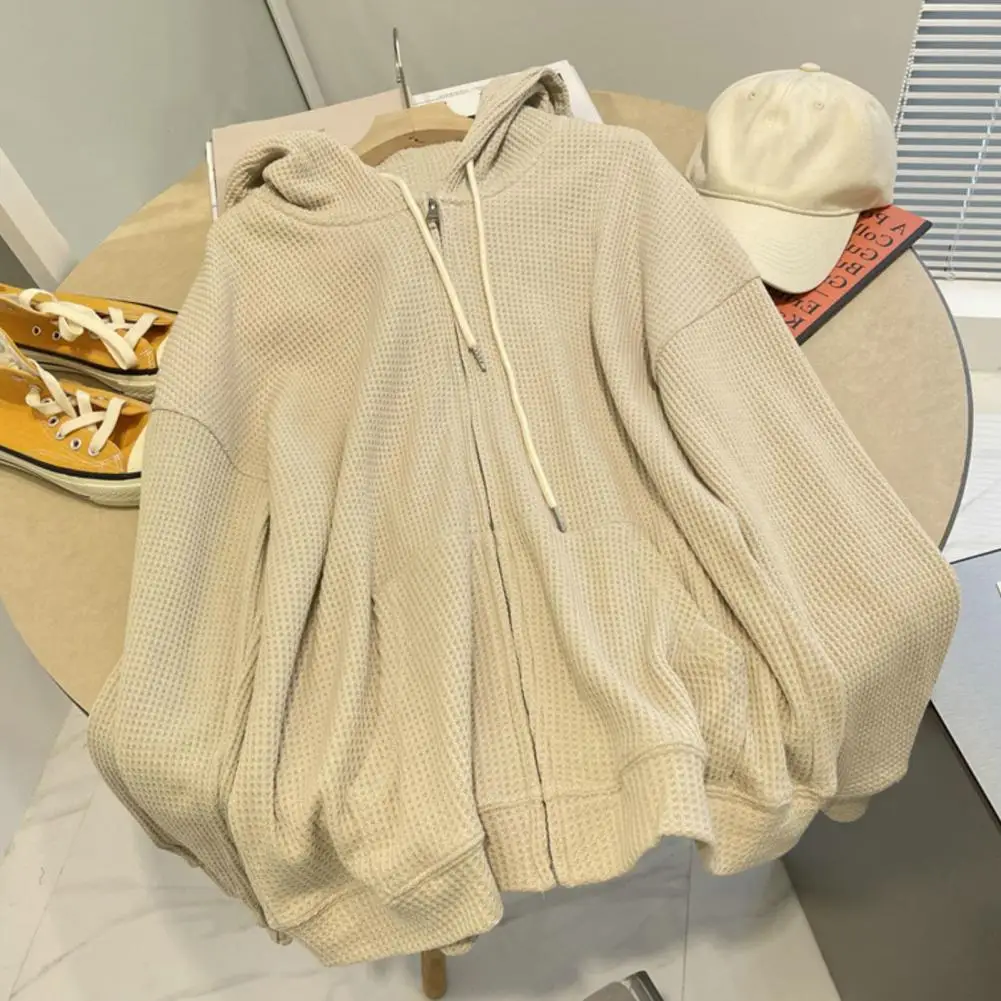 

Thin Spring Jacket Stylish Women's Waffle Texture Hoodie Cardigan with Drawstring Pockets Zipper Placket for Spring Autumn Solid