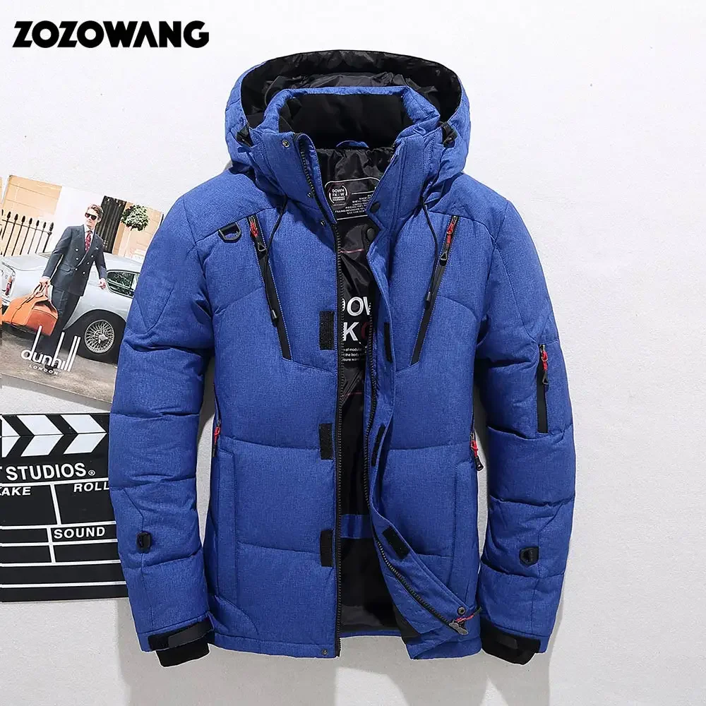 ZOZOWANG Duck Down Jacket Men Thicken Hooded Long Sleeve Blue Down Zipper Pocket Coat Warm Feather Winter Men Jacket 5XL