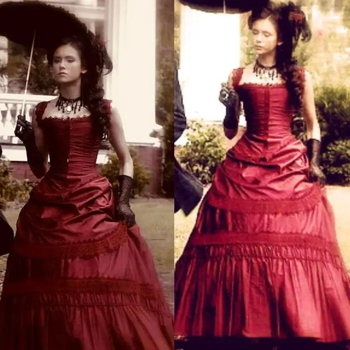 NinaDobrevinVampireDiariesPromDressesBurgundyMedievalCivilWarGothicVictorianLaceup