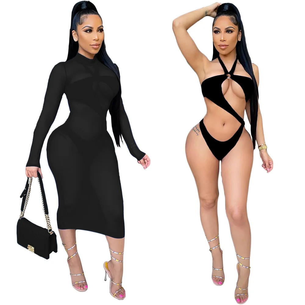 white bikini set Prowow Sexy Women Beach Outfits Bikini Mesh Cover-Ups Two Piece Matching Swimsuits 2022 New Summer Lady Bathing Set Partywear black bikini set Bikini Sets