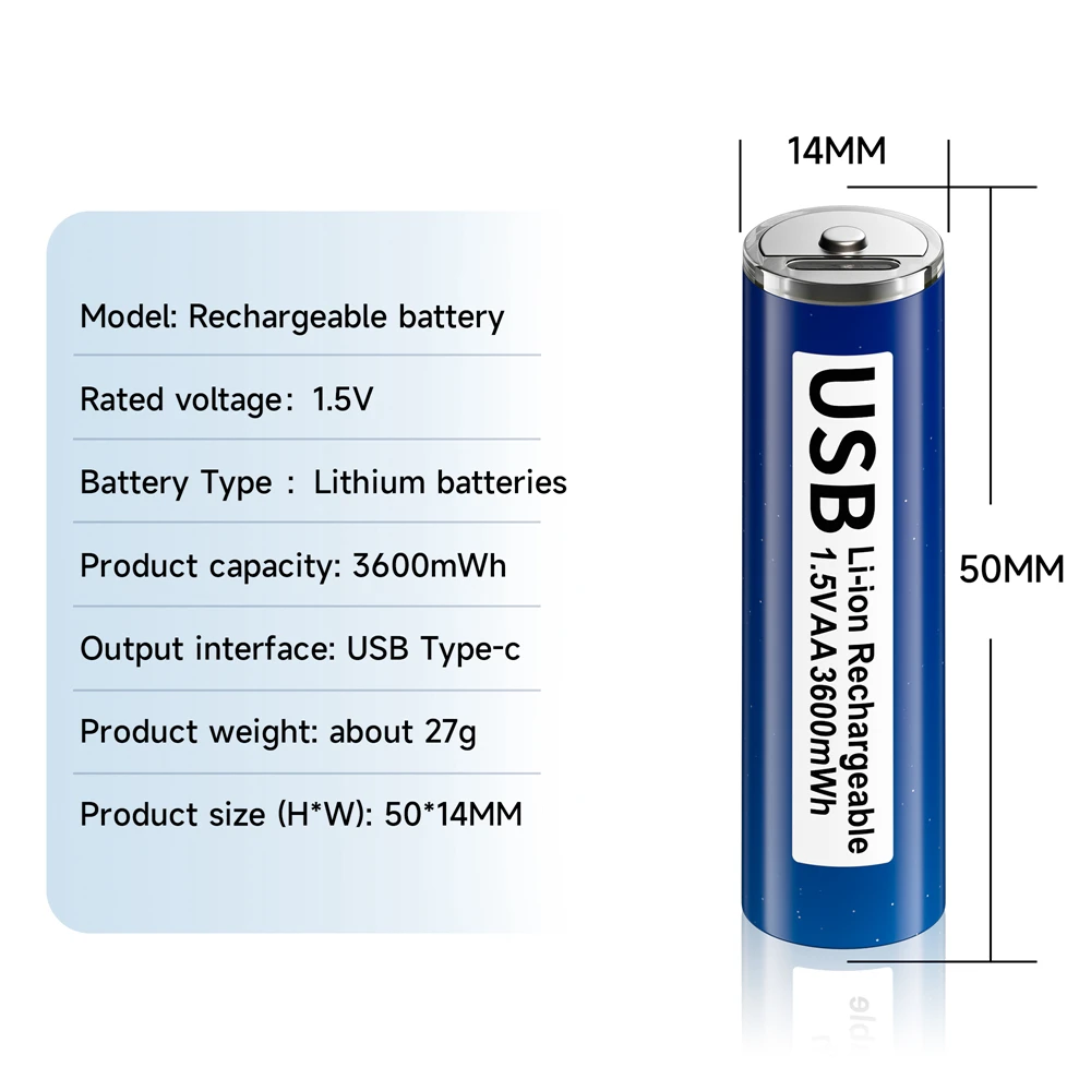 Aaa Usb Bateria de Lítio Recarregável 1.5v 3600mwh Baterias para Controle Remoto Mouse Brinquedo Cabo tipo c aa e - Image 4