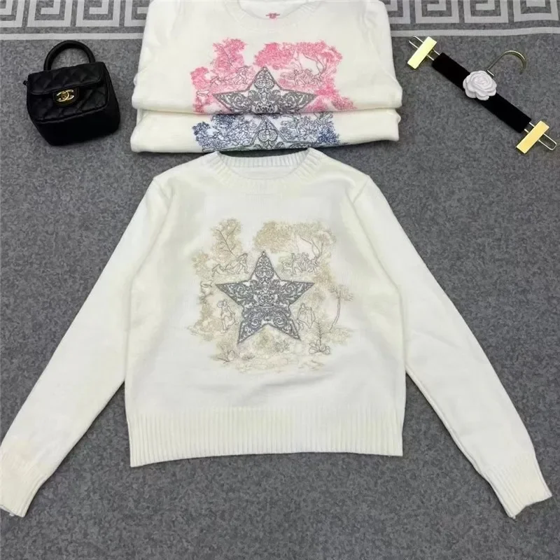 

Women Five-pointed Star Embroidery knit Pullover Gold Thread Cashmere Wool Knitwear High Quality Spring Autumn Sweater Soft
