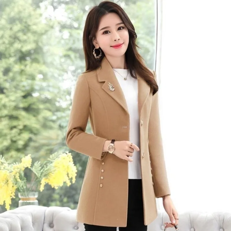 

2023 New Women Temperament Slim-Fit Woolen Coat Female Mid-Length Korean Style Fashion Solid Color Casual Versatile Outerwear