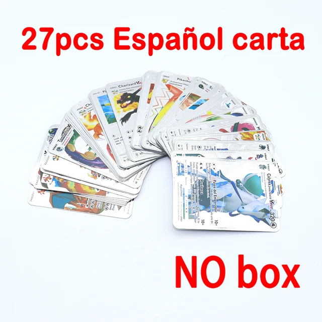 Pokemon Metal Card Spanish Box Gold Black Golden Letters Silver English Vmax Gx Collection Charizard Pikachu Cards Pack Toy Gift 27pcs Spanish silver
