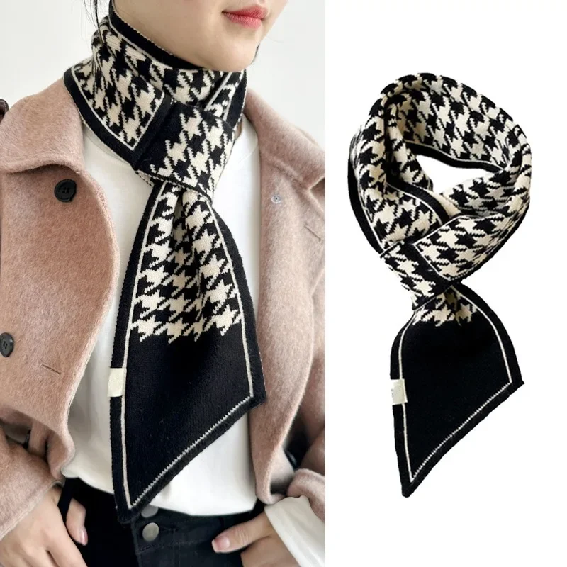 

Winter Fur Scarf for Women Korean Small Ear Neck Gaiter Houndstooth Narrow Scarf Small Long Knitted Small Scarf Wholesale