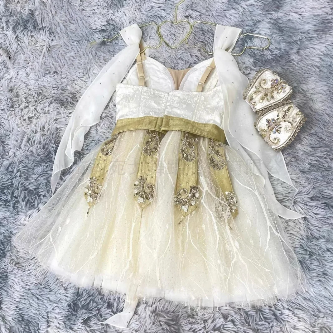 Hochwertiger, maßgeschneiderter, neuer Chiffonrock in Champagnerfarbe im Cupid-Stil für Ballettwettbewerbe, für Erwachsene und Kinder. – Detail 4