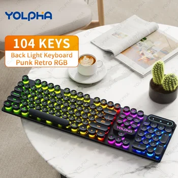 104keys Wired Keyboard QWERTY Layout Membrane Rainbow Backlight RGB Punk Retro Keyboard Gaming Keyboard for Office PC Study 1