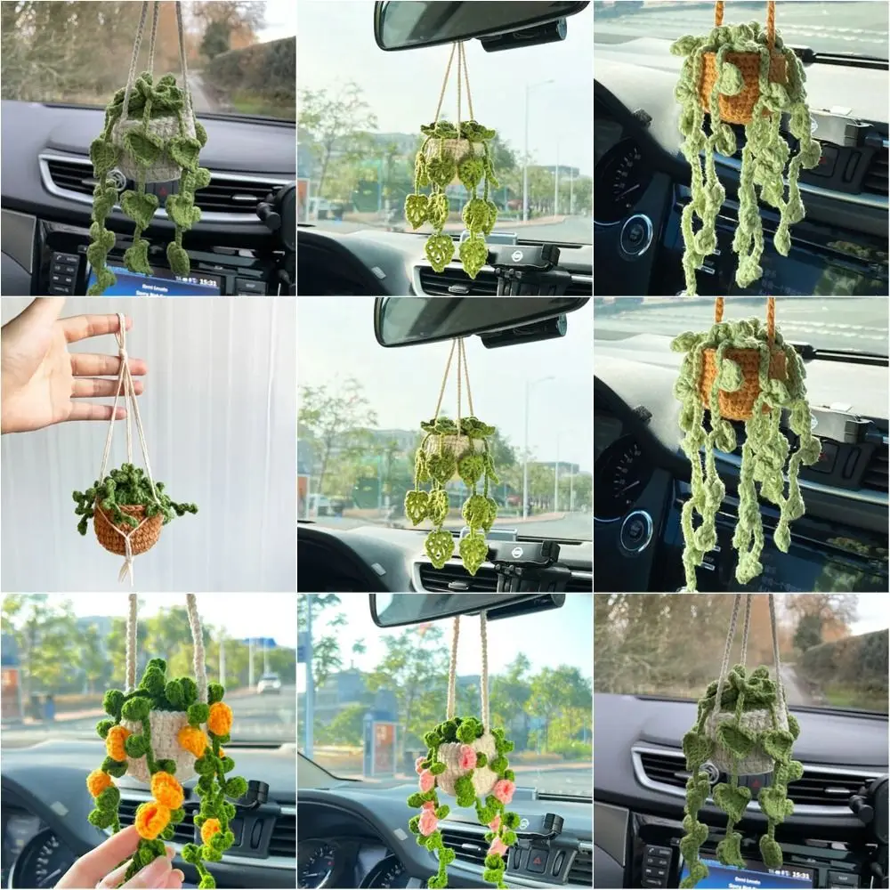 Mirror Hanging Handmade Car Decor Car Basket Hanging Plant Crochet Pendant Crochet Potted Pendant Car Potted Plants Pendant