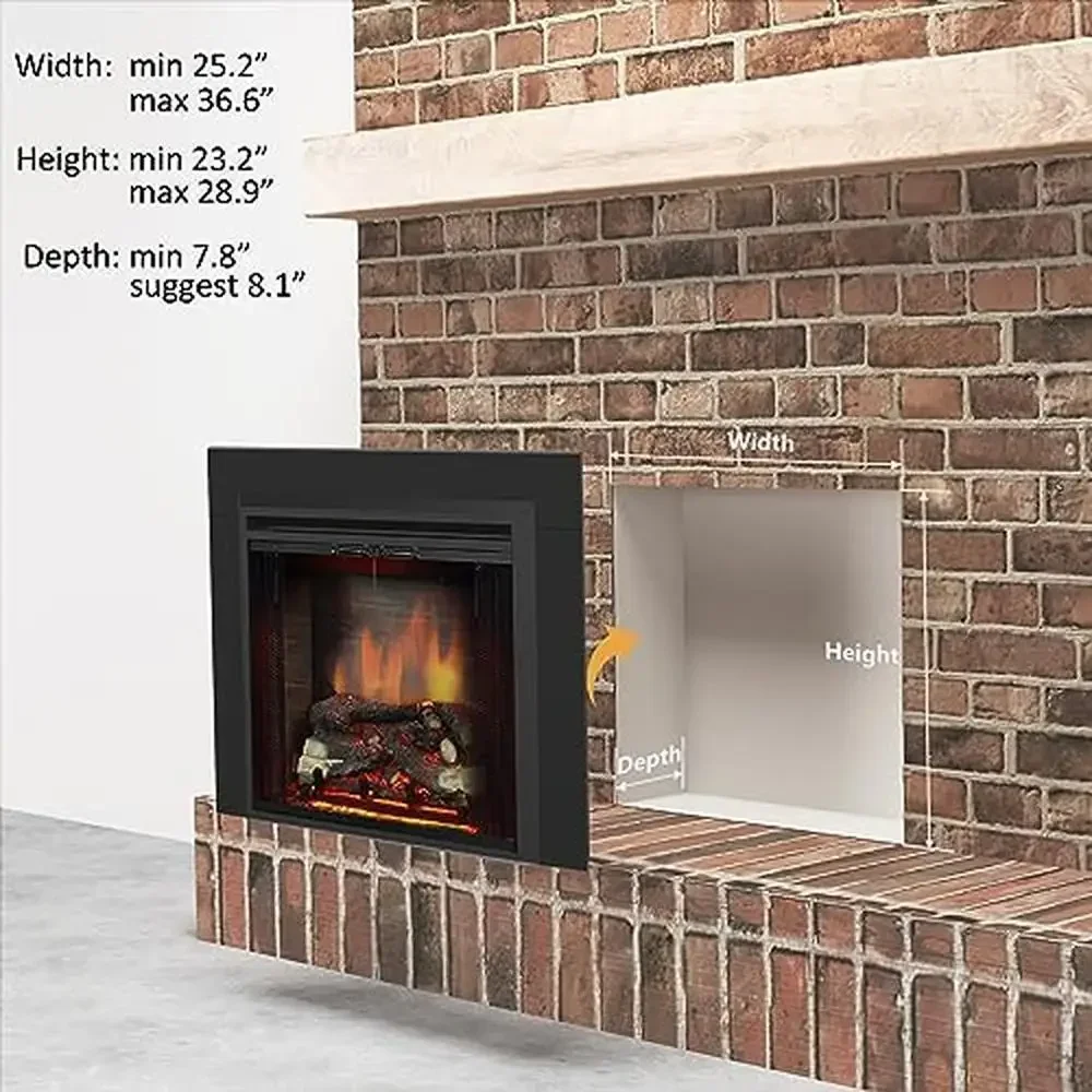 26” Electric Fireplace Insert with Fire Crackling Sound Resin Log Glass Door Mesh Screen 750/1500W Heater Adjustable Thermostat 4