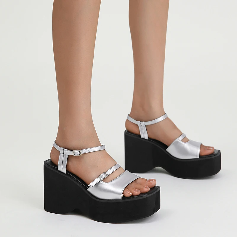 

10cm Wedge Heels Woman Silver Platform Heels Sandals Belt Belt Buckle Summer Shoes Black Wedges Sandalias Mujer Comodas