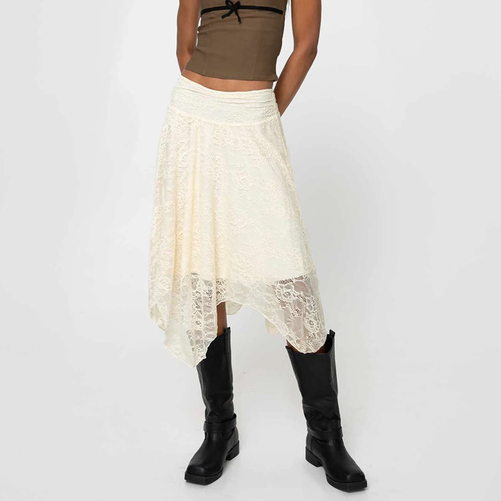 

Женская однотонная кружевная юбка, элегантная Асимметричная летняя юбка средней длины с низкой талией, повседневная юбка на каждый день