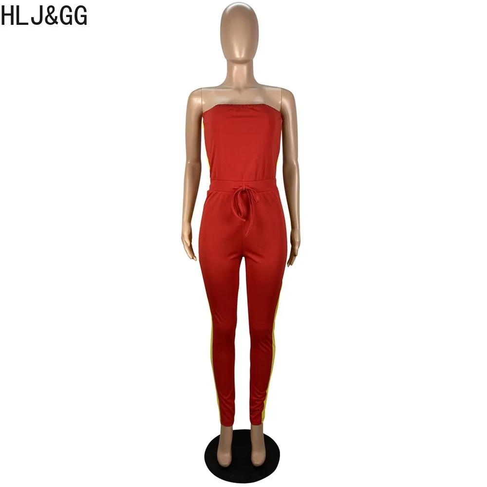 HLJ&GG Spring New Off Shoulder Bandage Sporty Tube Jumpsuits Women Sleevless Backless Playsuits Female Stripe Print Slim Overall