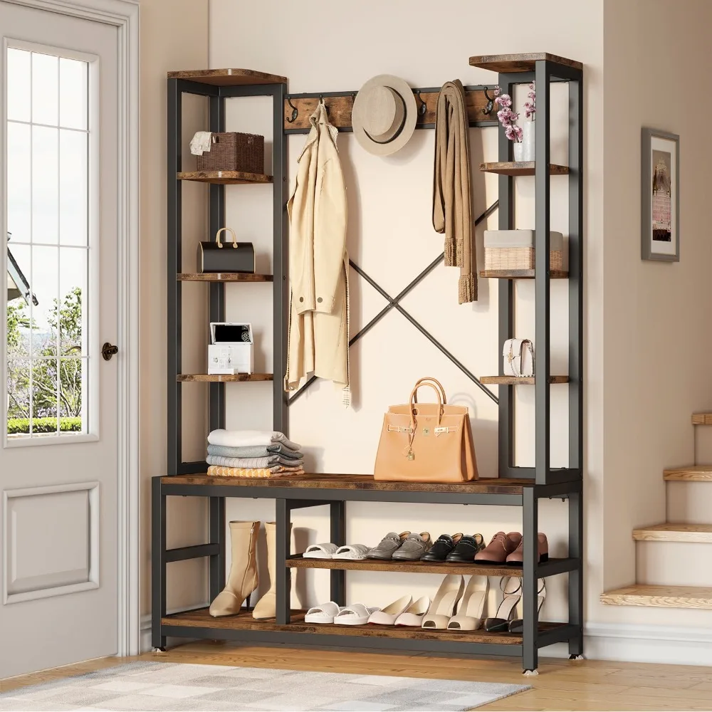 

5-in-1 Entryway Hall Tree with Shoe Bench Garment Coat Rack Shoe Storage with Two Side Storage Shelves 7 Hooks