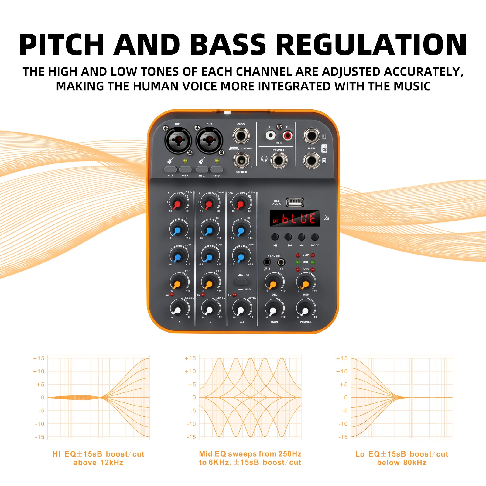IKGE D4M Mini 4-Channel Audio Mixer audio mixer audio interface DJ Console Mixer with Reverb Bluetooth USB Sound Card 48V for Karaoke Singing PC Recording