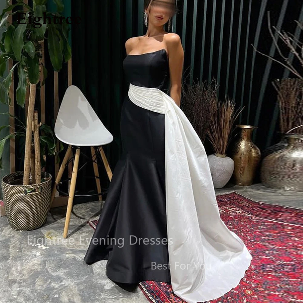 

Eightree White Black Strapless Arabic Evening Dresses Mermaid Pleat Ruched Train Prom Gowns Floor Length Sexy Formal Party Dress