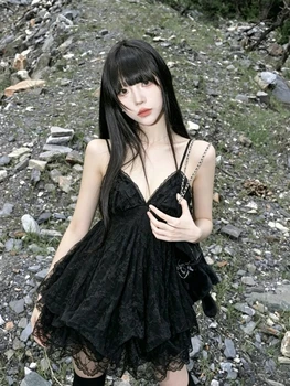 2026 Summer Beach Vintage Lace Strap Dress Women Even Party Clothing Casual Sexy Beach Style Dress Korean Fashion Chic Outfits 1