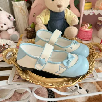 Scarpe basse da donna con fibbia in pelle abbinata ai colori con fiocco a testa tonda per interni Lolita originale estiva giapponese per donna 1