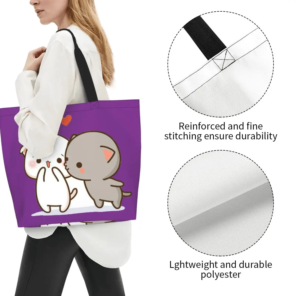 Cute Printed Peach And Goma Mochi Cat Shopping Tote Bags Reusable Canvas Shopper Shoulder Handbag
