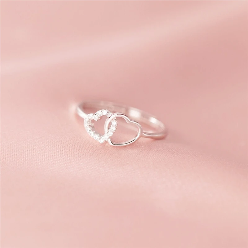 WYEAIIR 925 Sterling Silver Sweet Romantic Openwork Zircon Two Hearts Resizable Opening Ring For Women Luxury Jewelry 4