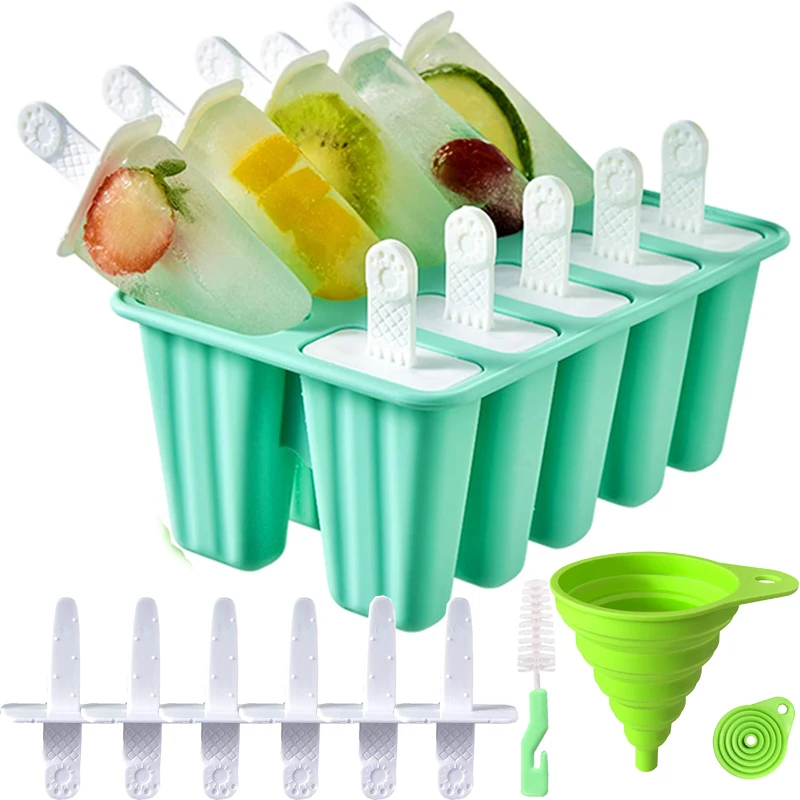 Popsicles Molds, Silicone Popsicle Mould BPA Free Ice Pop Molds Reusable 12  Cavities Popsicle Maker with Popsicle Sticks, Funnel and Cleaning Brush