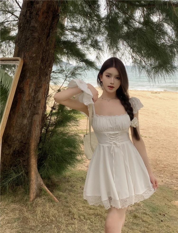 Y2K Lace Princess Party Dress Sexy Spaghetti Strap Square Collar Ruffles A-line Short Dresses for Women Prom Summer Mini Vestido