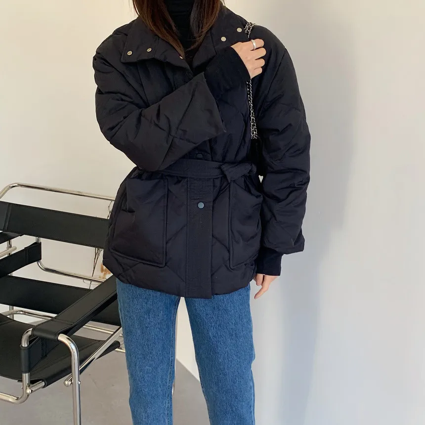 Winter Stand-up Collar Cotton Jacket Women Single-breasted Long-sleeved Solid Belt Thick Coat Korean Fashion Pocket Outerwear