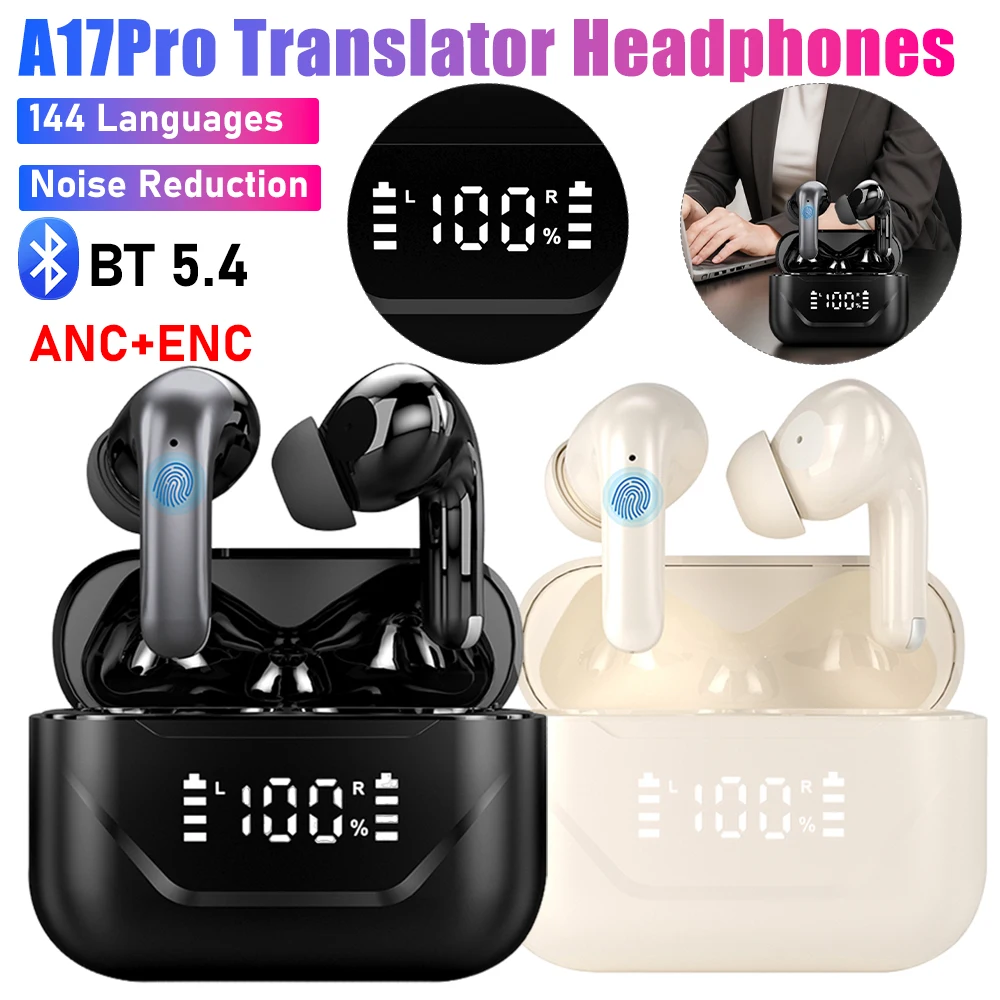 A17Pro Intelligent Translator Earbuds Language Translation Earphones ANC ENC Noise Cancelling Bluetooth Headphones Office Travel