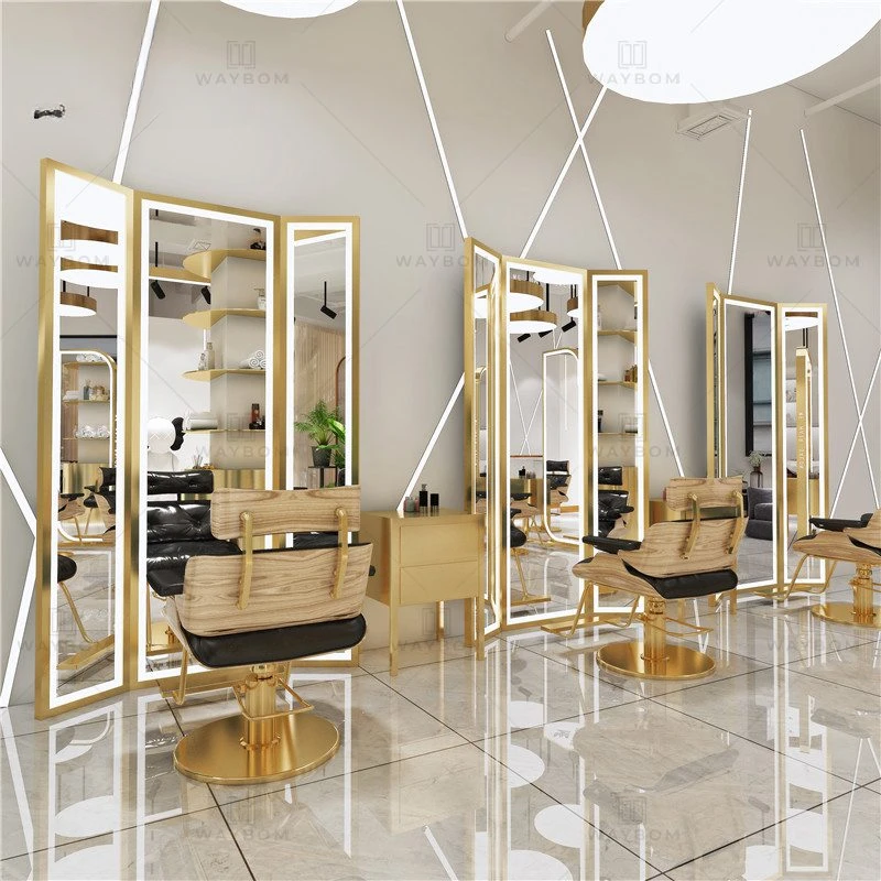 Salon equipment furniture double sided barber stations hair styling with lights salon station mirror trifold dressingroom mirror