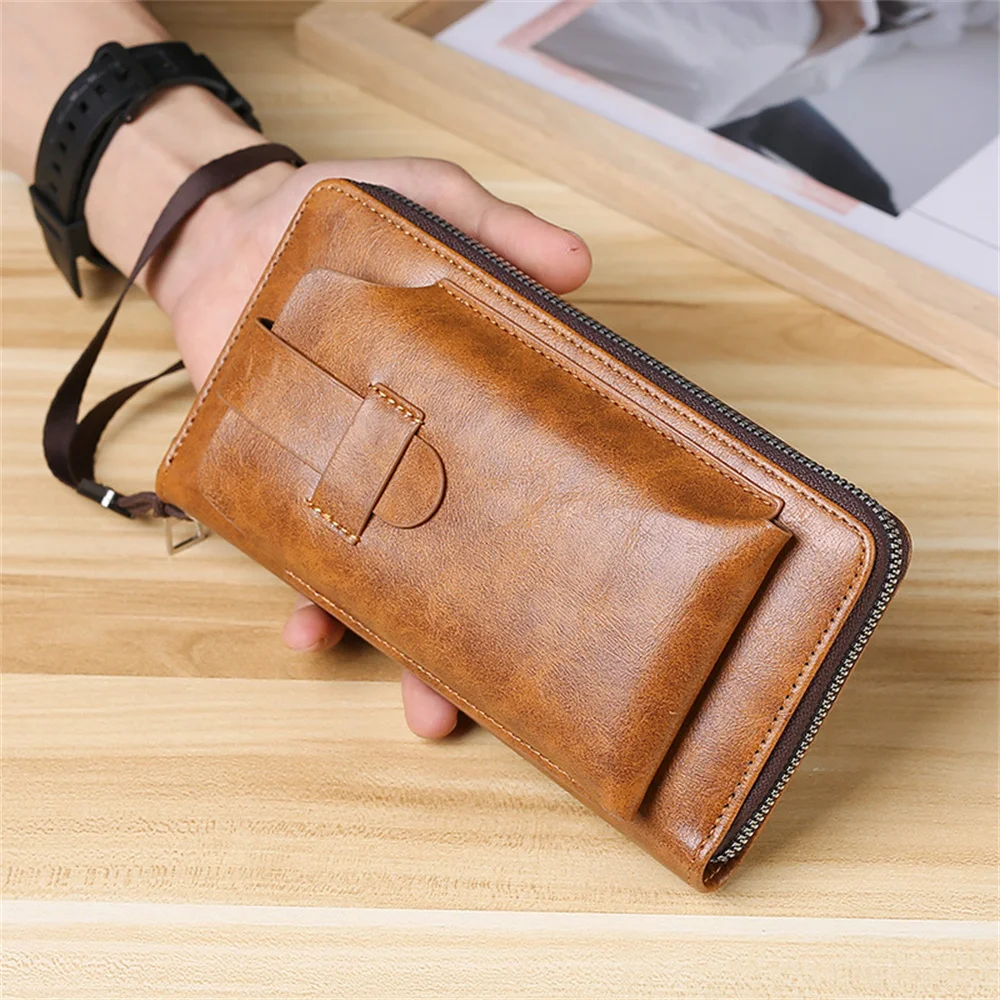 

Men's Business Wallet Vintage Brand Leather Large Capacity Zipper Phone Bag Handbag Coin Purses Male Card Holder With Wristband
