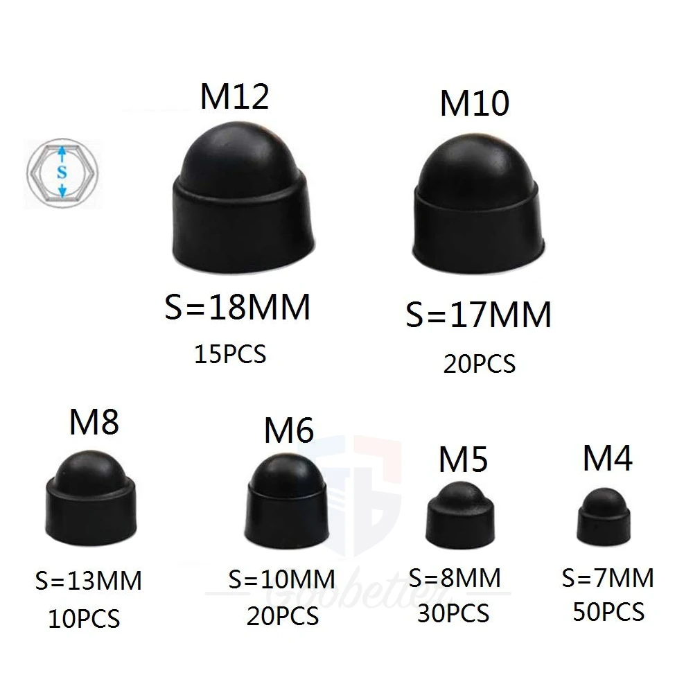 Description Picture 2 of item145Pcs M4 M5 M6 M8 M10 M12 Black Hexagon Nutrs Cap Nylon Acorn Nut Dome Hex Cover Protecting Hexagon Screws Bolts Kit