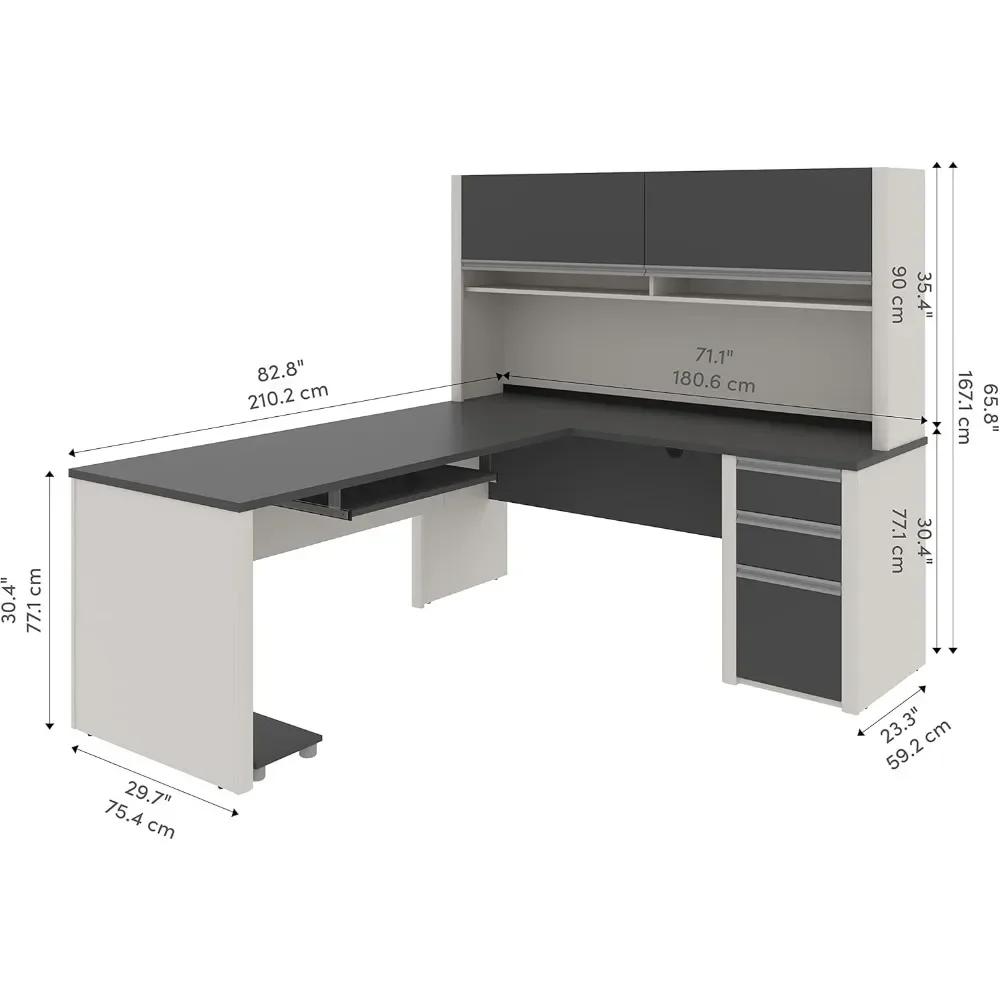 L Shaped Desk with Hutch and Pedestal in Slate and Sandstone, 72W | Large Corner Table for Home Office Workspace or Personal 6