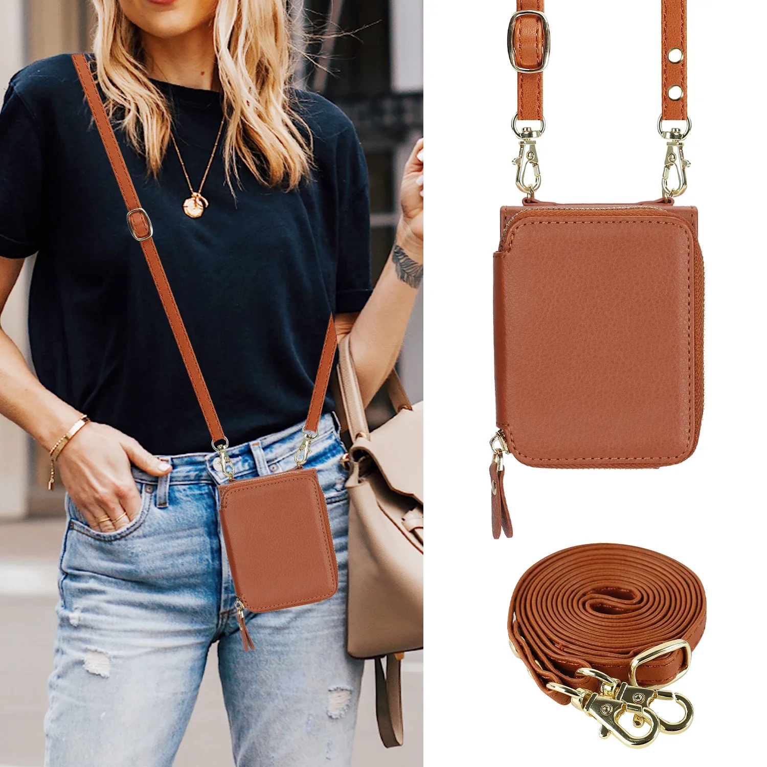 Elegant Crossbody Leather Wallet Case with Zipper Purse and RFID Protection