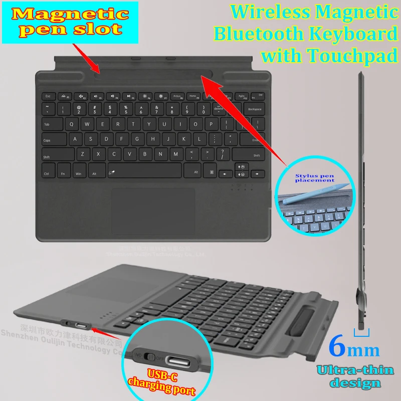 Wireless magnetic Bluetooth keyboard with backlit touchpad touchpad with stylus for Surface pro8 Surface pro9 and proX