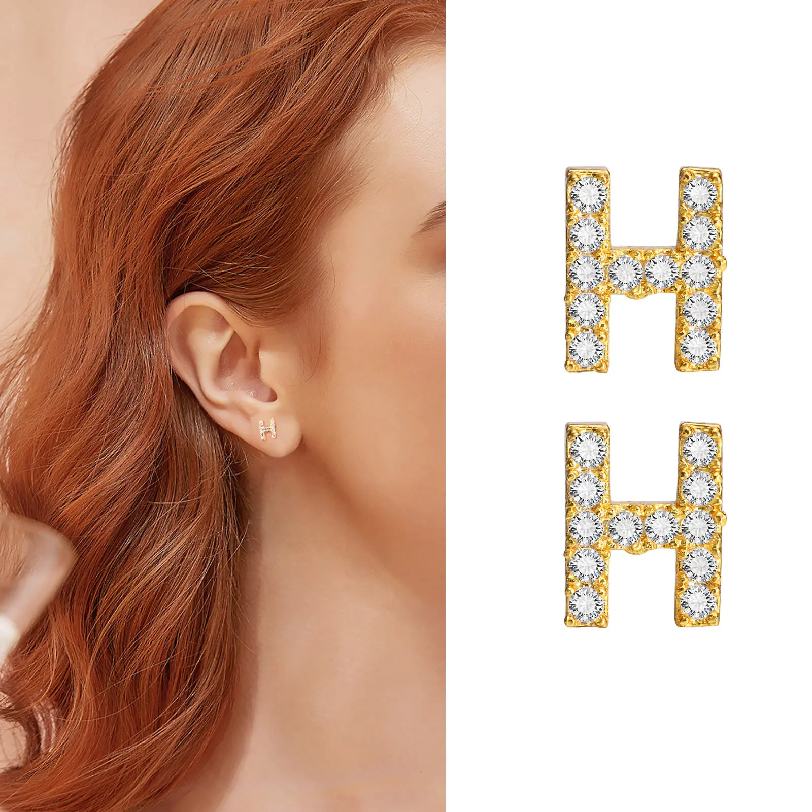 CZ Stud Earrings, Letter Initial Earring for Women Girls