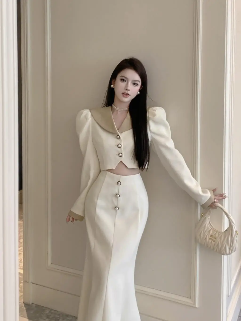 Elegant Two Piece Set Women Long Sleeves Short Coat + High Waist Mermaid Skirt Autumn Winter Solid Korean Style Patchwork Outfit